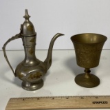 Small Vintage Tea Pot with Inlaid Brass & Brass Pedestal Cup