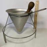 Vintage Aluminum Canning Sieve in Stand w/ Wooden Pestle