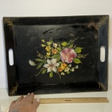 Vintage Metal Tole Painted Floral Double Handled Tray