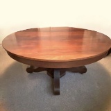 Large Round Antique Dining Table with 4 Leafs on Casters