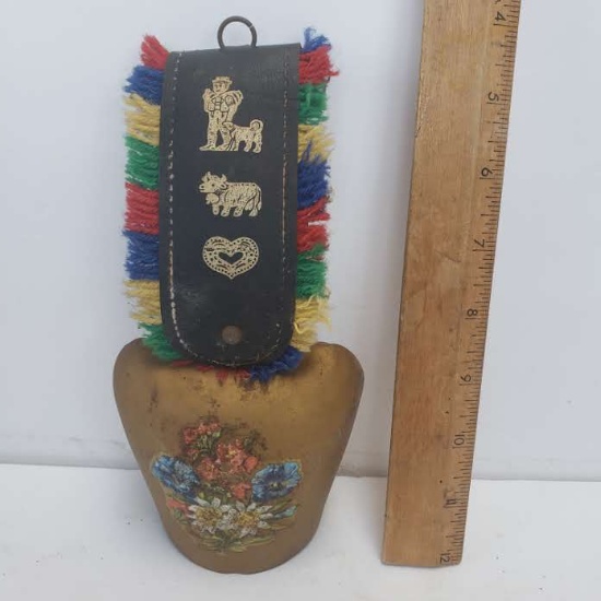 Vintage Metal Cow Bell with Leather Strap from Switzerland