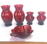 Vintage 1950’s Royal Ruby Red Glass Vases and Maple Leaf Dish by Anchor Hocking