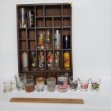 Shot Glass Collection in Wood Divided Display Rack with Brass Trim Corners