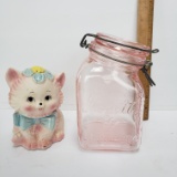 Vintage Ardco Kitten Planter and Pink Glass Jar with Snap Tight Wire Closure