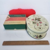 Tin Full of Sewing Notions and Box of Sewing Machine Parts