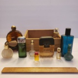 Handmade Wood Box Containing Miscellaneous Perfume Bottles