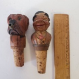 Lot of 2 Vintage Wood Carved Bottle Stoppers