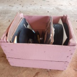 Wood Crate Painted Pink Containing Miscellaneous Vintage Vinyl Records