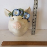 Vintage Ceramic Pig Head with Blue Floral Accents