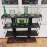 Metal Shelf with Large Lot of Glass Vases 