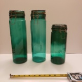 Set of 3 Emerald Colored Glass Canisters