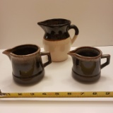 Stoneware Brown Glaze to Natural Pitcher and 2 Stoneware Brown Glaze Measuring Cups