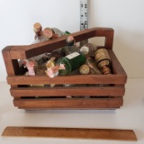 Wood Basket Full of Glass Mini Bottles 