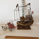 Brass Ship and Homemade Bicycle with Carriage