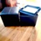 Pair of Brown Leather Storage Ottomans with Flip Top Trays