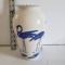 Mid Century White Milk Glass Vase with Blue Flamingos and Ruffled Top