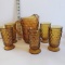 Vintage Amber Indiana Glass Whitehall Pitcher with Ice Lip and 5 Footed Glasses