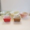 Lot of 3 Faded Pyrex Mixing Bowls and 2 Small Pyrex Refrigerator Dishes