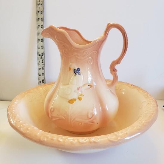 Pink Marked Ironstone Washbowl and Pitcher with Geese