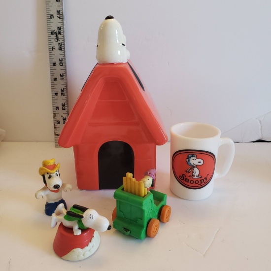 Snoopy Bank, Milk Glass, Avon Mug and Toys