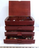 Dark Wood Jewelry Box Full of Assorted Costume Jewelry