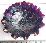 Vintage Fenton Carnival Glass Iridescent Ruffled “Leaves and Berries” Bowl