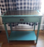 Wood Turquoise Tone Console Table with Glass Top & Distressed Look