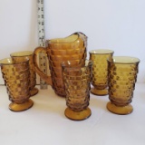 Vintage Amber Indiana Glass Whitehall Pitcher with Ice Lip and 5 Footed Glasses