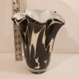 Black and White Ruffled Art Glass Vase