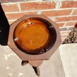 Vintage Wood Smokers Stand with Amber Glass Cigar Ashtray