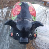 Whimsically Black with Red Flowers Ceramic Piggy Bank (14”x7”)