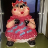 Large Vintage Chalkware Piggy Bank Painted Pink and Aqua