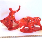 Large Ceramic Orange, Multi Colored Bull and Matador Statues