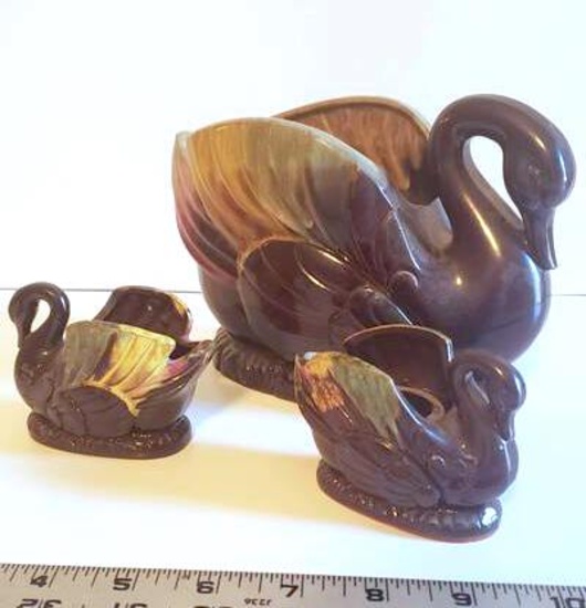 Vintage Brown and Green Ceramic Swan Planter and 2 Candle Holders