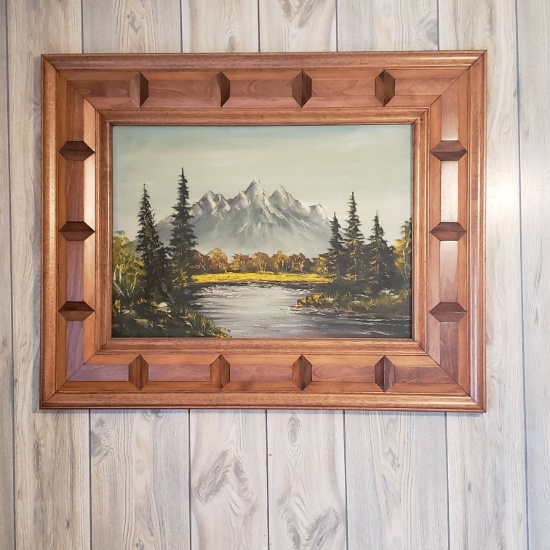Mountain and Stream Oil Painting in Custom Made Wood Frame, Cube Design