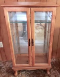 Wood Lighted Display Cabinet With 3 Adjustable Glass Shelves, Glass Sides and Front, Mirrored Back