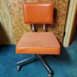 Retro Orange and Chrome Rolling Desk Chair, Adjustable Back
