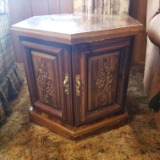 Vintage Wood Octagonal Side Table With 2 Doors