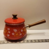 Imperial Japan Red Retro Enamel Pot with Wood Handles