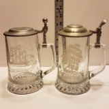 Lot of 2 ALWE Old Spice Glass Beer Steins with Ships and Pewter Lids