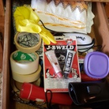 Odds and Ends Drawer Lot of Items, Flashlights, Tape, JB Weld, More