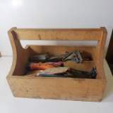 Vintage Wood Tool Caddy Filled With Assorted Tools