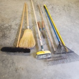 Garden Tool and Broom Lot in Wood Container