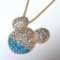 Gold Tone Mickey Mouse Ears Slider with Turquoise Colored & Clear Stones on Long Gold Tone Chain