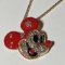 Mickey Mouse with Red Ears Pendant/Brooch on Long Gold Tone Chain