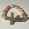 Hammered Copper Tone Cross Stretchy Bracelet with Peach Tone Beads