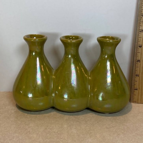 Green Iridescent Triple Pottery Vase