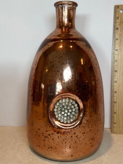 Unique Copper Tone Glass Vase with Rhinestone Accent