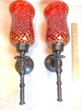 Pretty Pair of Wall Sconces with Mosaic Ruby Red Glass Shades