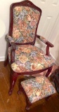 Pretty Upholstered Arm Chair w/ Wood Accents &  Matching Footstool